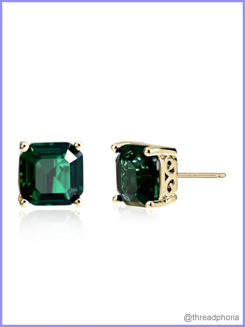 Gold Plated Princess Cut Emerald Stud Earrings Hypoallergenic Vintage Gemstone